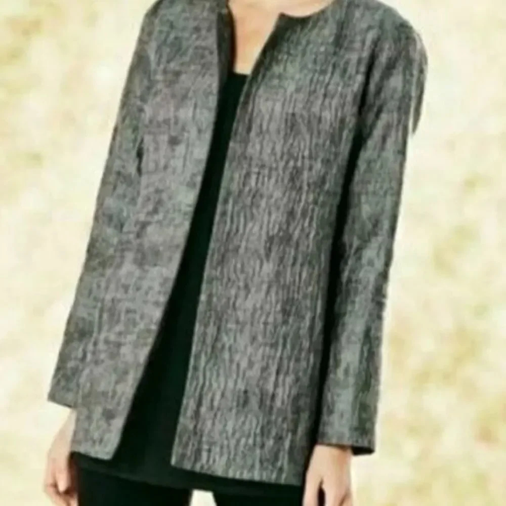 EILEEN FISHER gray crinkle silk minimalist blazer small 